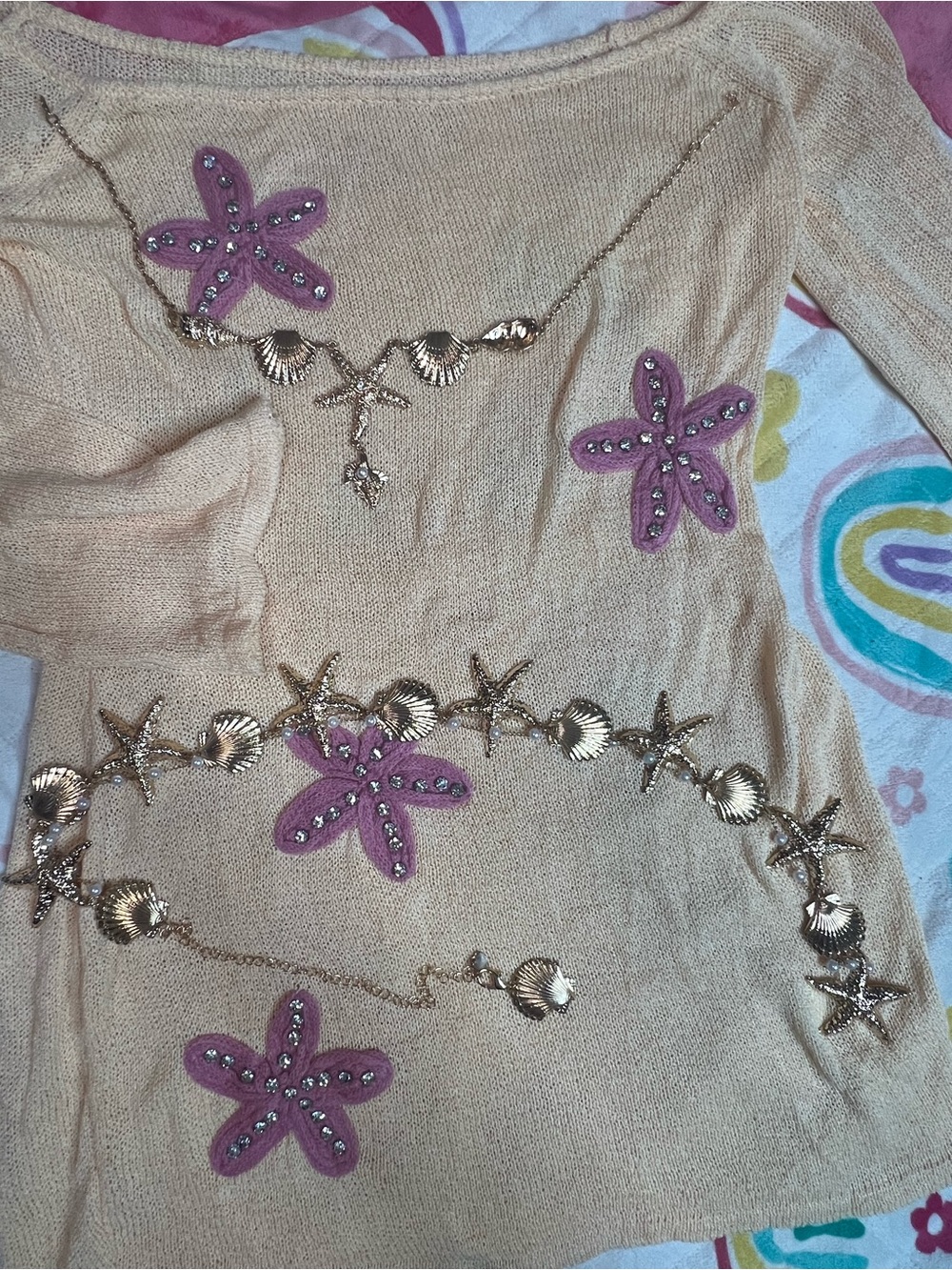 Beige Knit Beach Coverup with Pink Starfish Embellishments